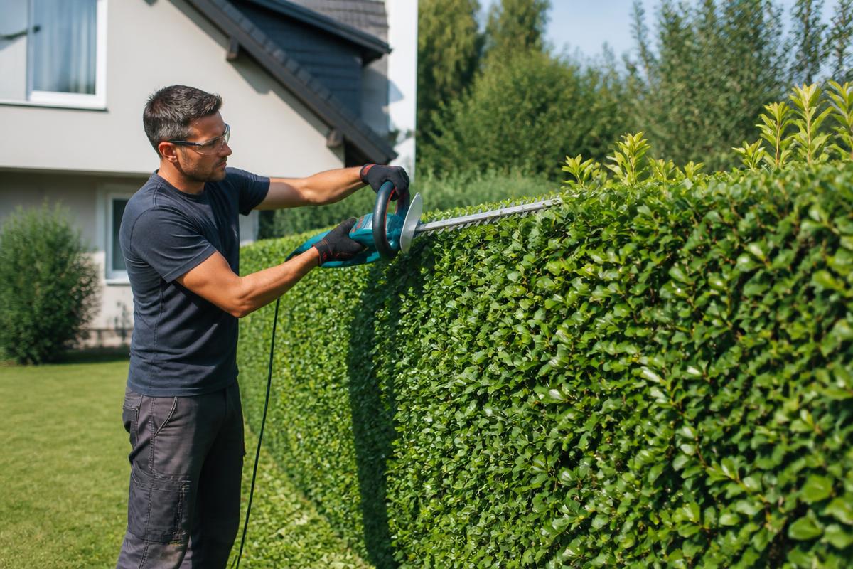 Gepflegter Rasen und geschnittene Hecke an einem Wohnhaus